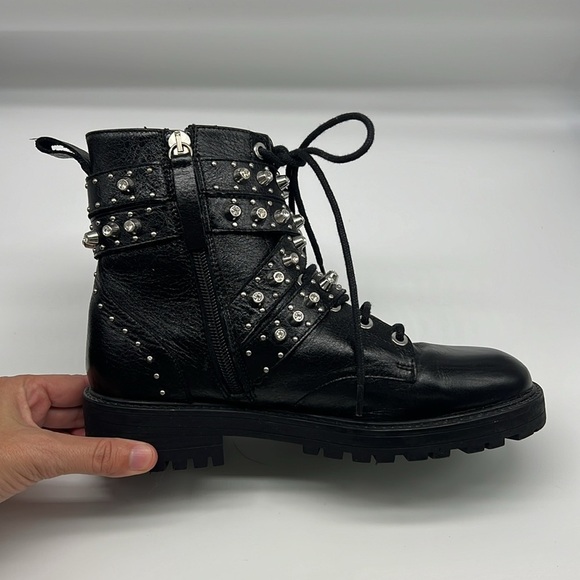 Zara - Black Leather Bejeweled Criss Cross Lace Up Biker Ankle Boot Size 6 - Picture 11 of 14